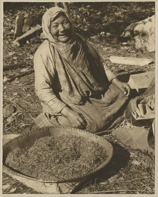 Ojibwe woman with container of wild rice, 1940.