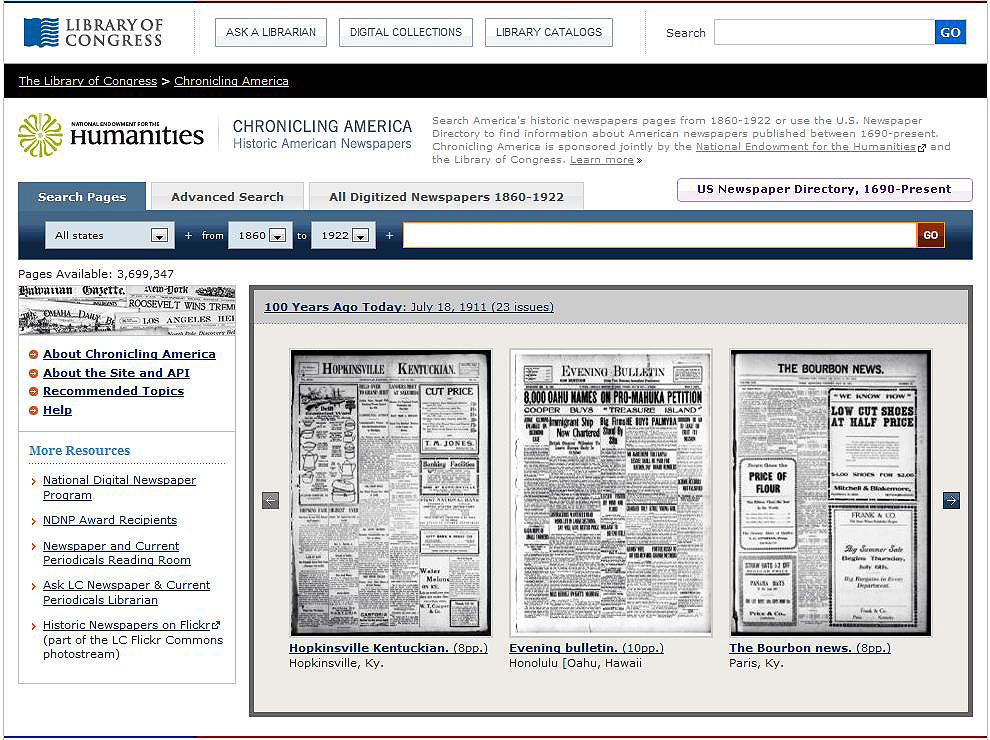 screen shot of NEH-funded Chronicling America database