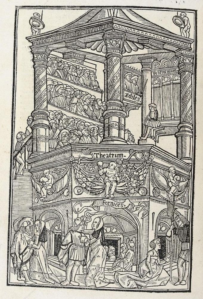 Fifteenth-century woodcut illustration of a theatre and audience.
