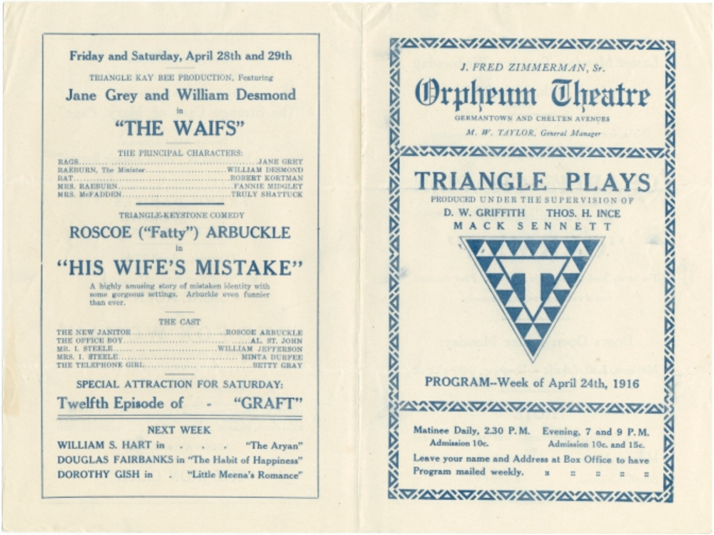Program, Orpheum Theatre, Philadelphia, PA, 24 April 1916. 