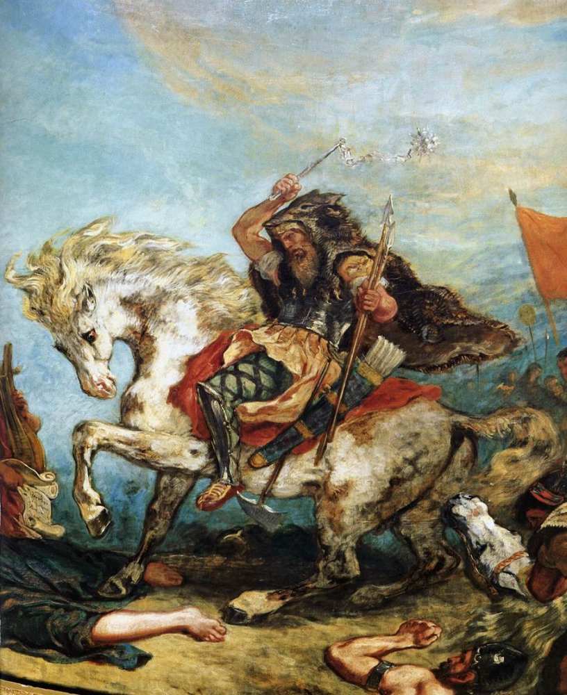 Attila on Horseback, wearing a wolfskin and riding over dead bodies