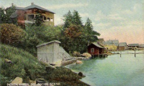Painting of a waterfront scene with boathouses in the background and a house on a hill to the left.