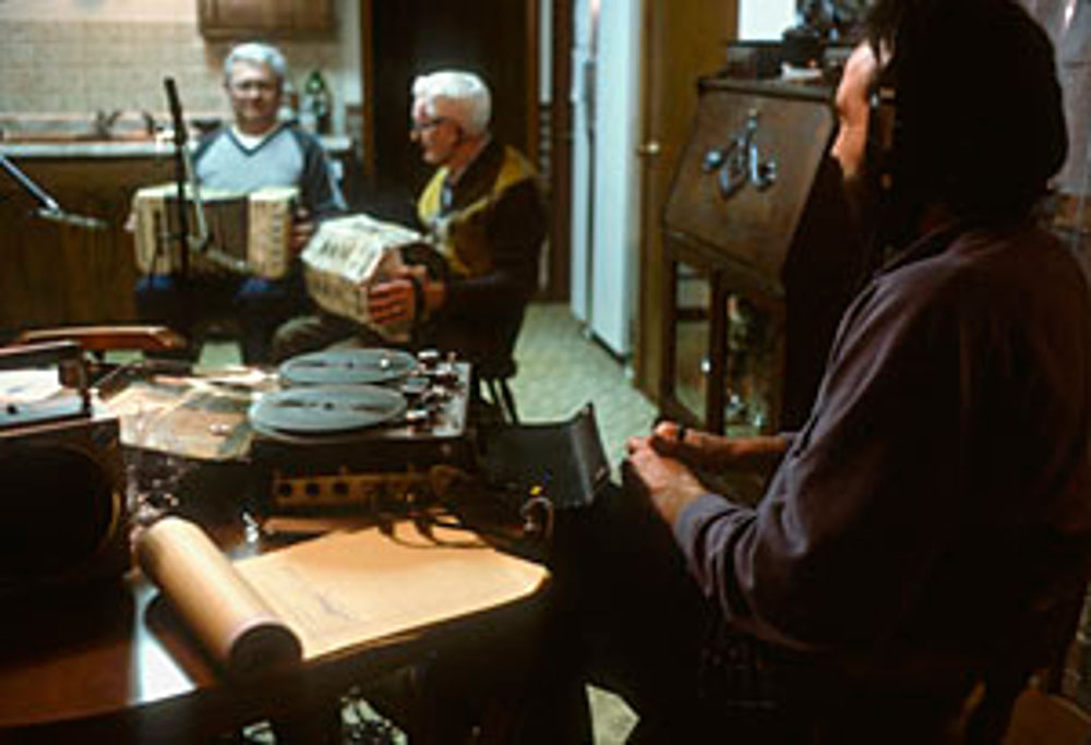 Irving and Robert DeWitz play concertina as Jim Leary records, 1985, Wisconsin.