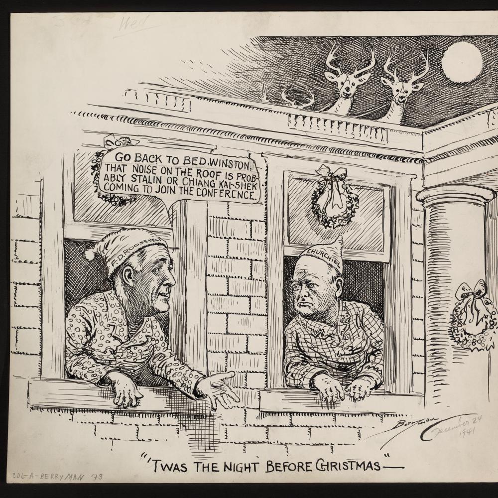 Political cartoon of FDR and Churchill, showing the two men having a conversation in their pajamas about World War two