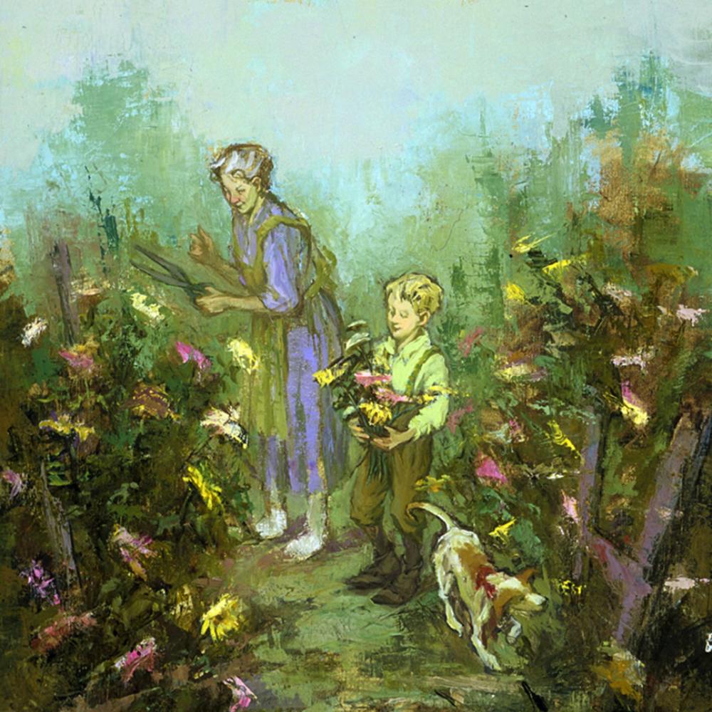 An illustration of Buddy and Sook cutting chrysanthemums in their garden