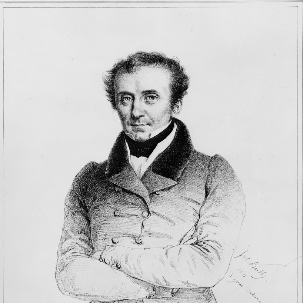 black and white engraving of a man in a coat with his arms crossed