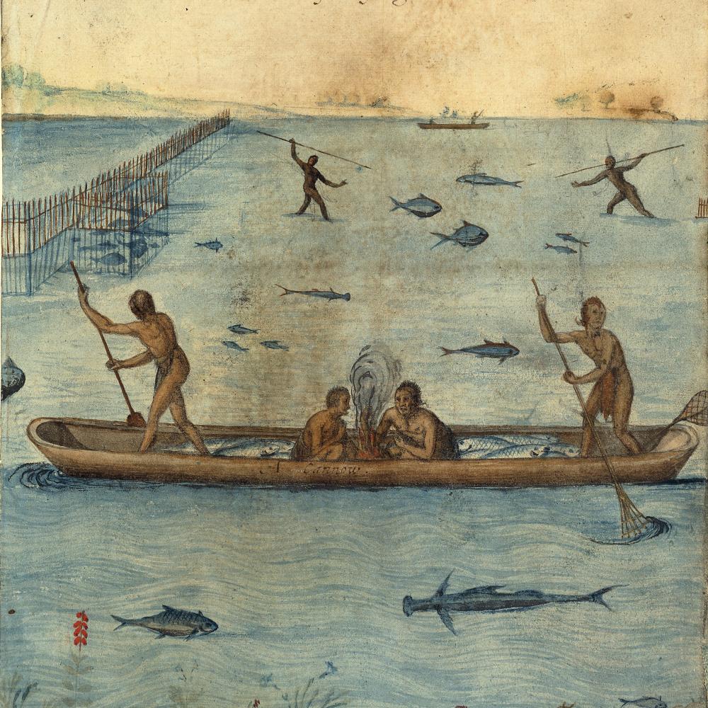 painting of Native Americans in a boat, some in water spear fishing
