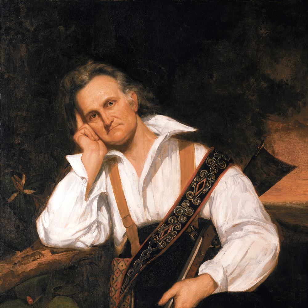oil painting of man resting head in hand, holding a rifle casually
