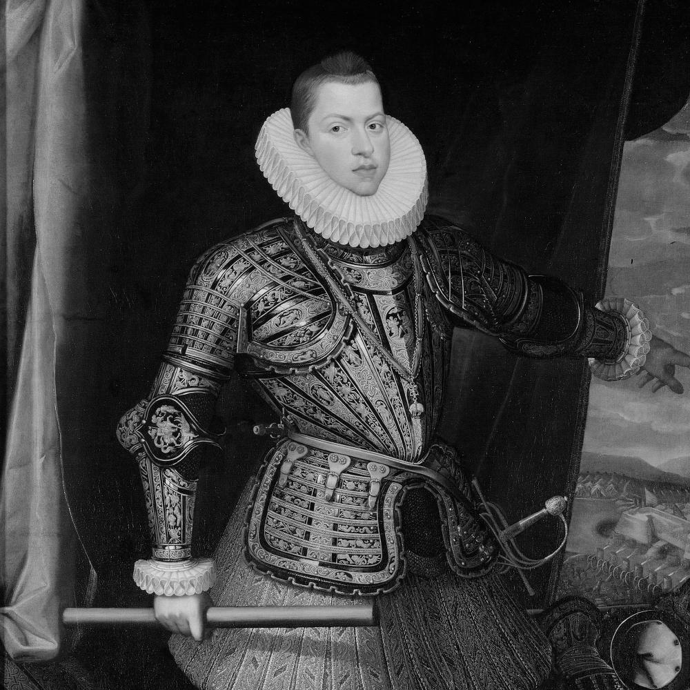 King Philip III in a high ruffled collar and armor, holding a spear