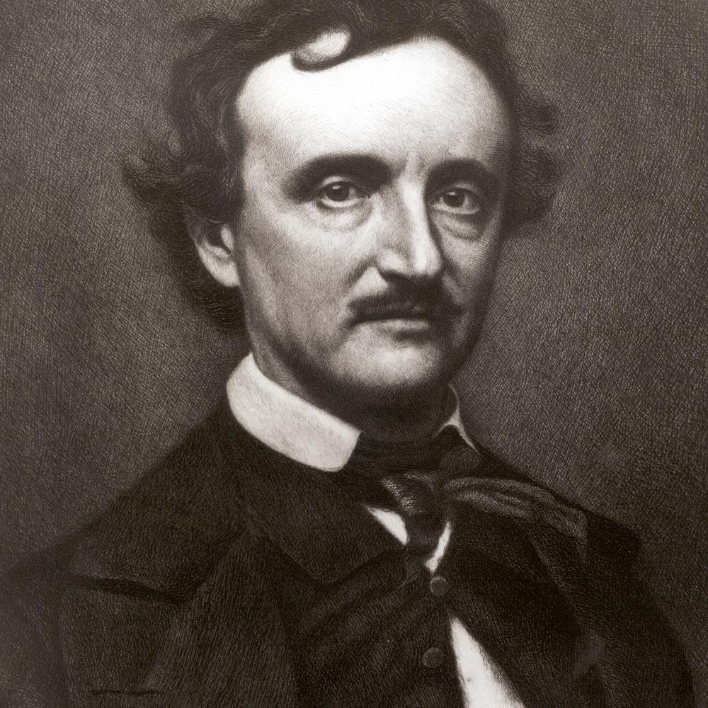 black and white etching portrait of Edgar Allen Poe