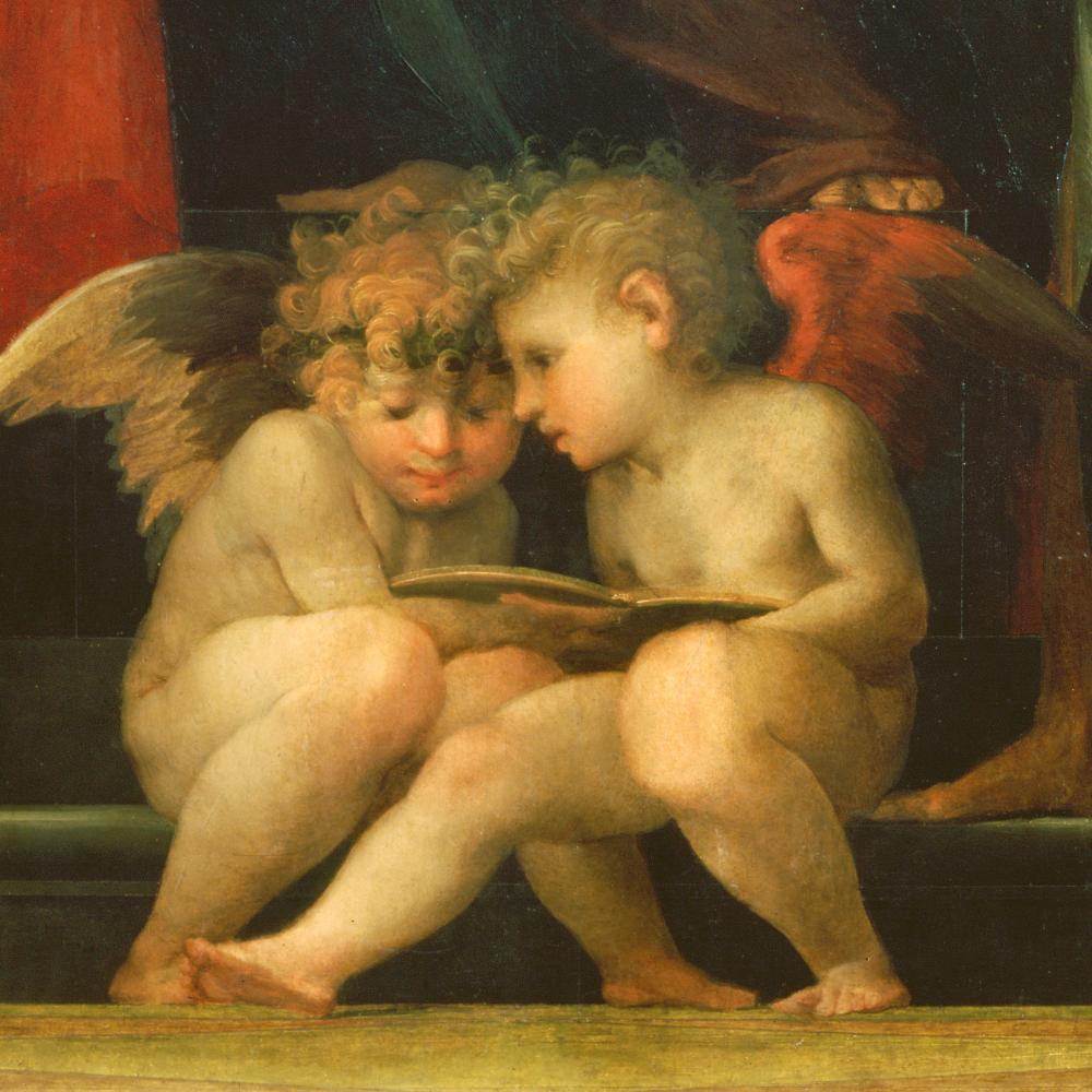 oil painting of two cherubs