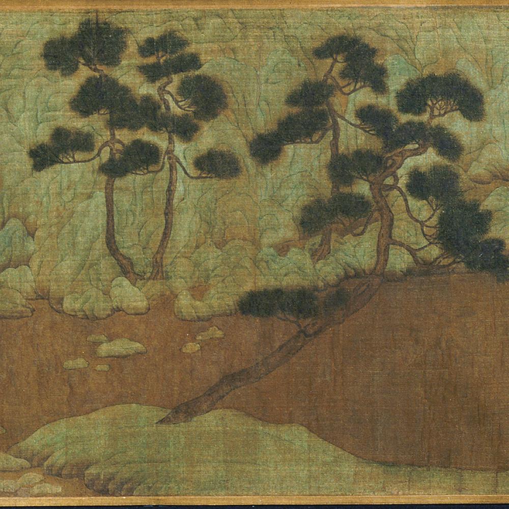 A lone man in a yellow robe sits on the far right, surrounded by trees, sand, and patches of grass