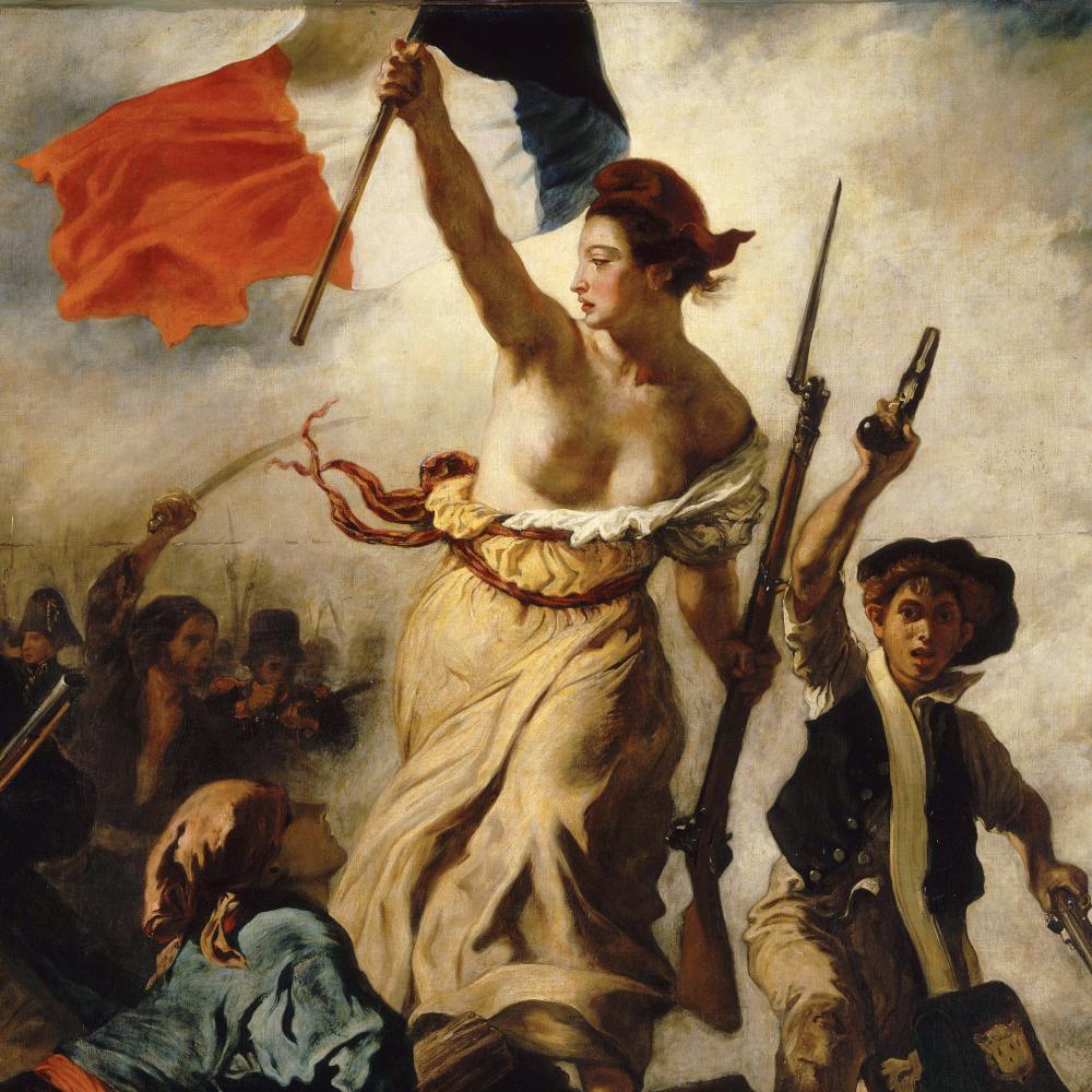 A barebreasted woman wearing a red cap holds the French flag high in one hand and a bayonet in the other while leading a crowd of armed men