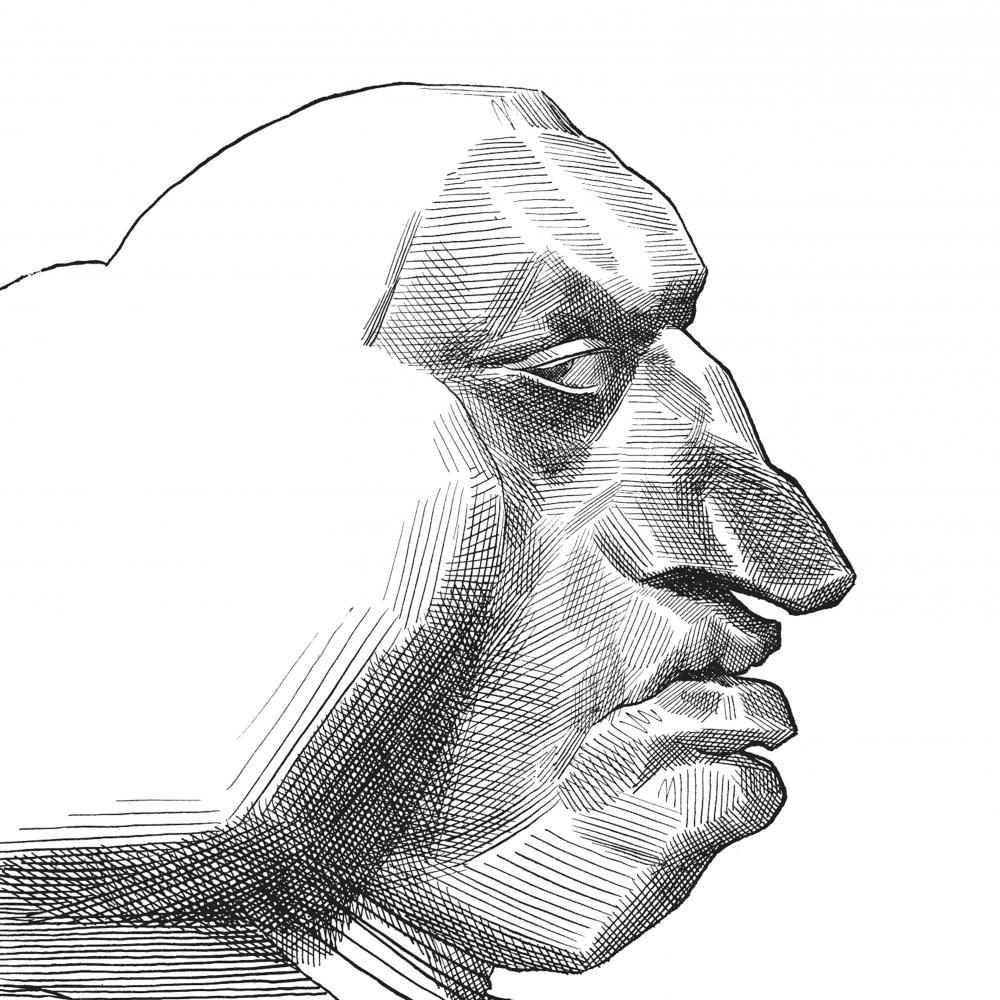 Caricature in profile of Johnson, emphasizing his cloud of white hair, hawkish nose and pouty lips