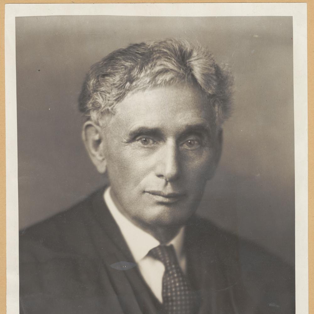 Sketch of Brandeis, in a dark suit, white shirt, and tie, with wavy gray hair