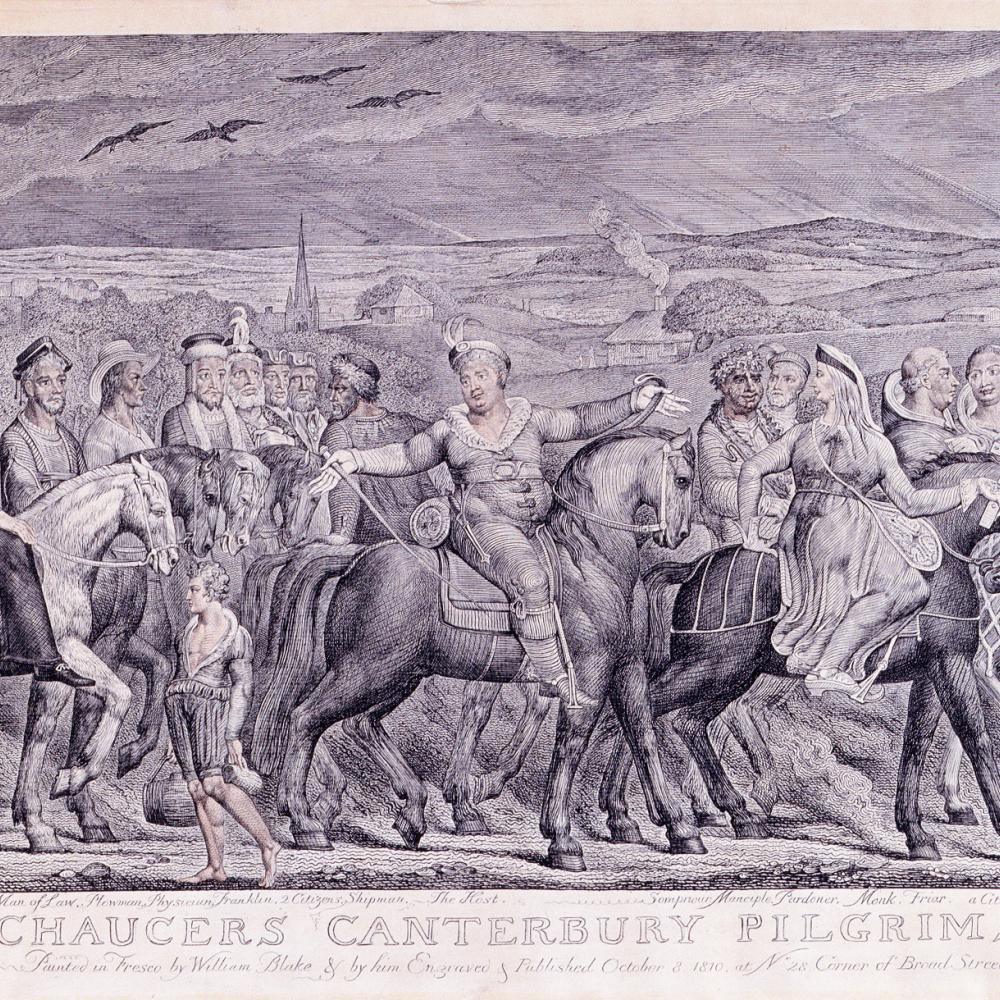 A procession of pilgrims, both rich and poor, walk or ride horses