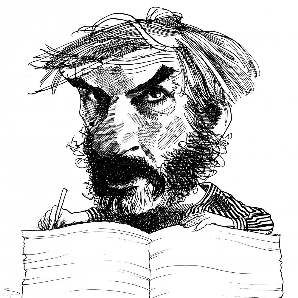 Stylized line drawing of a man writing in a large book