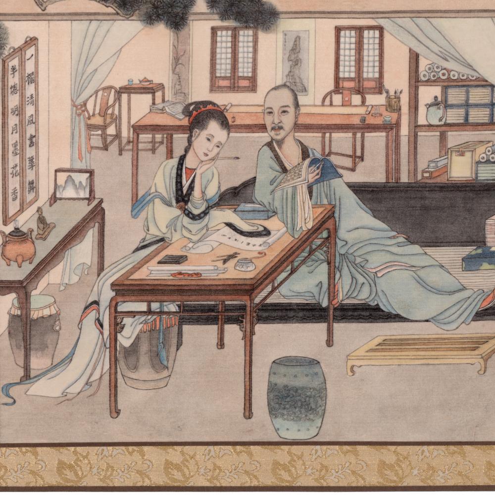 Ink drawing on silk of a man and woman at a table