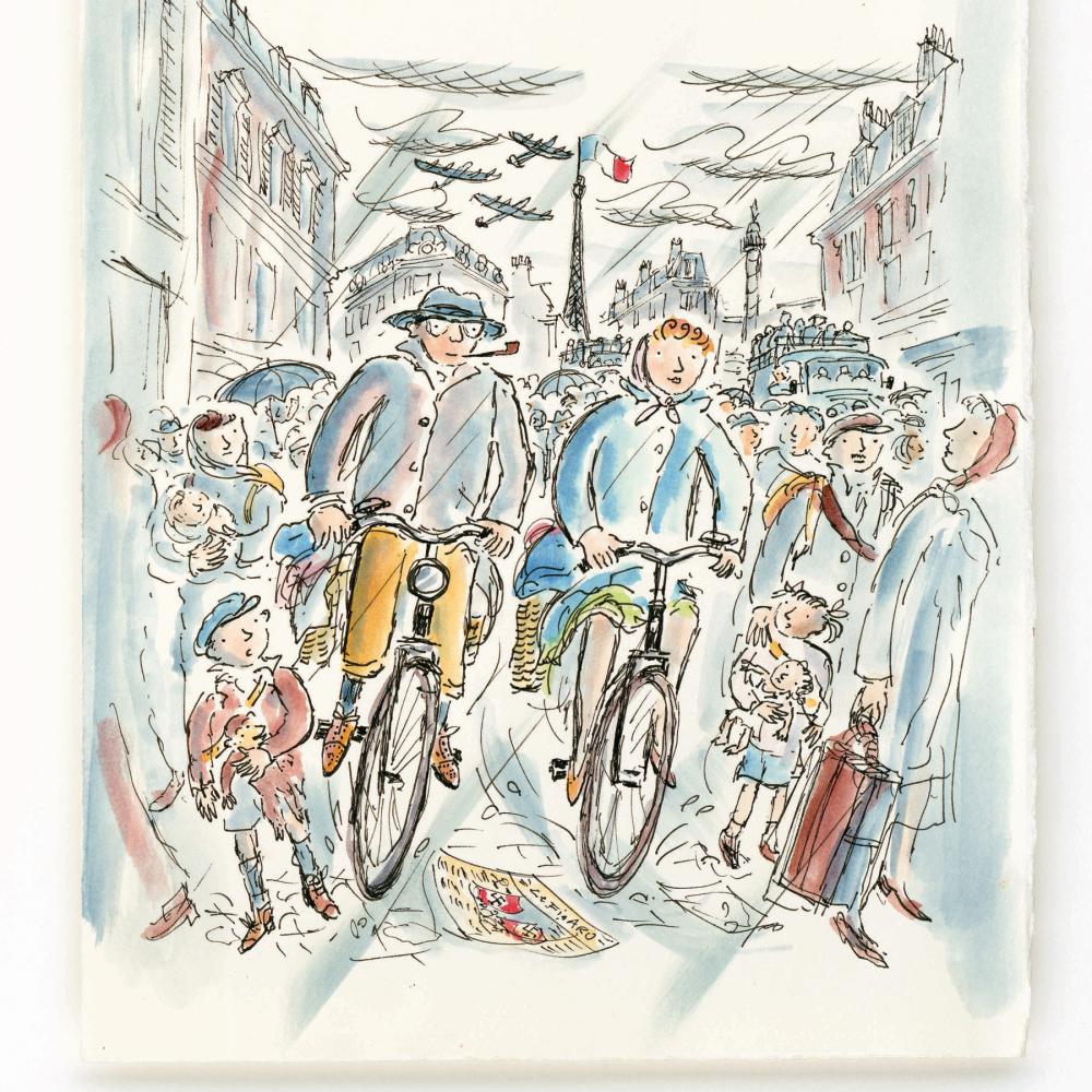 Pastel drawing of a man and a woman riding their bicycles down a crowded Paris street