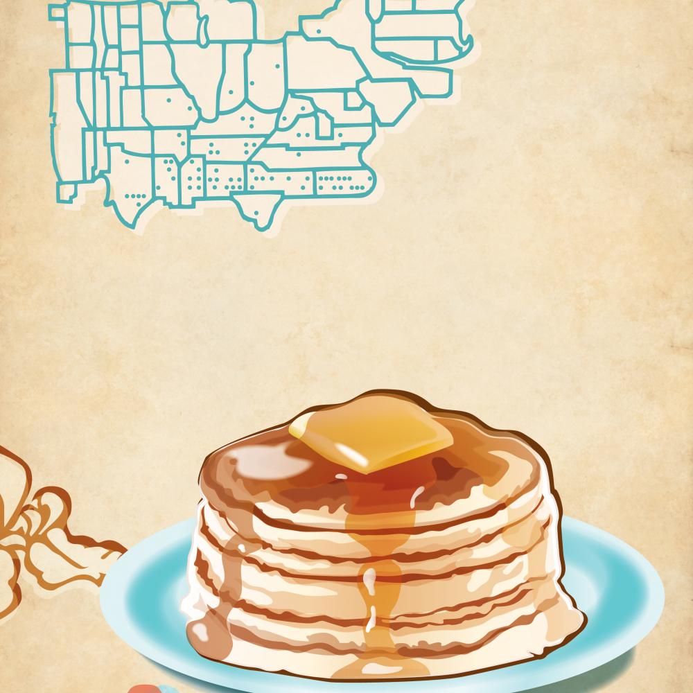 Color poster advertising different types of pancakes, with a stylized image of the United States in the top left corner.