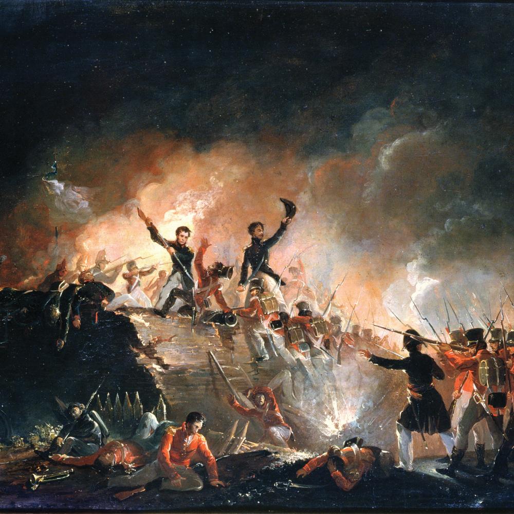 Painting of a battle where an officer is standing atop a rampart urging his men to charge. Soldiers of the opposing side aim their rifles at him.