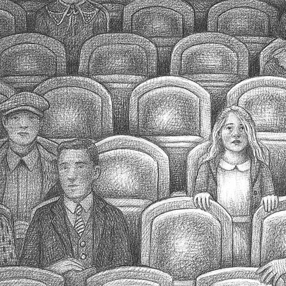 Black and white sketch of a few people sitting in a theater.