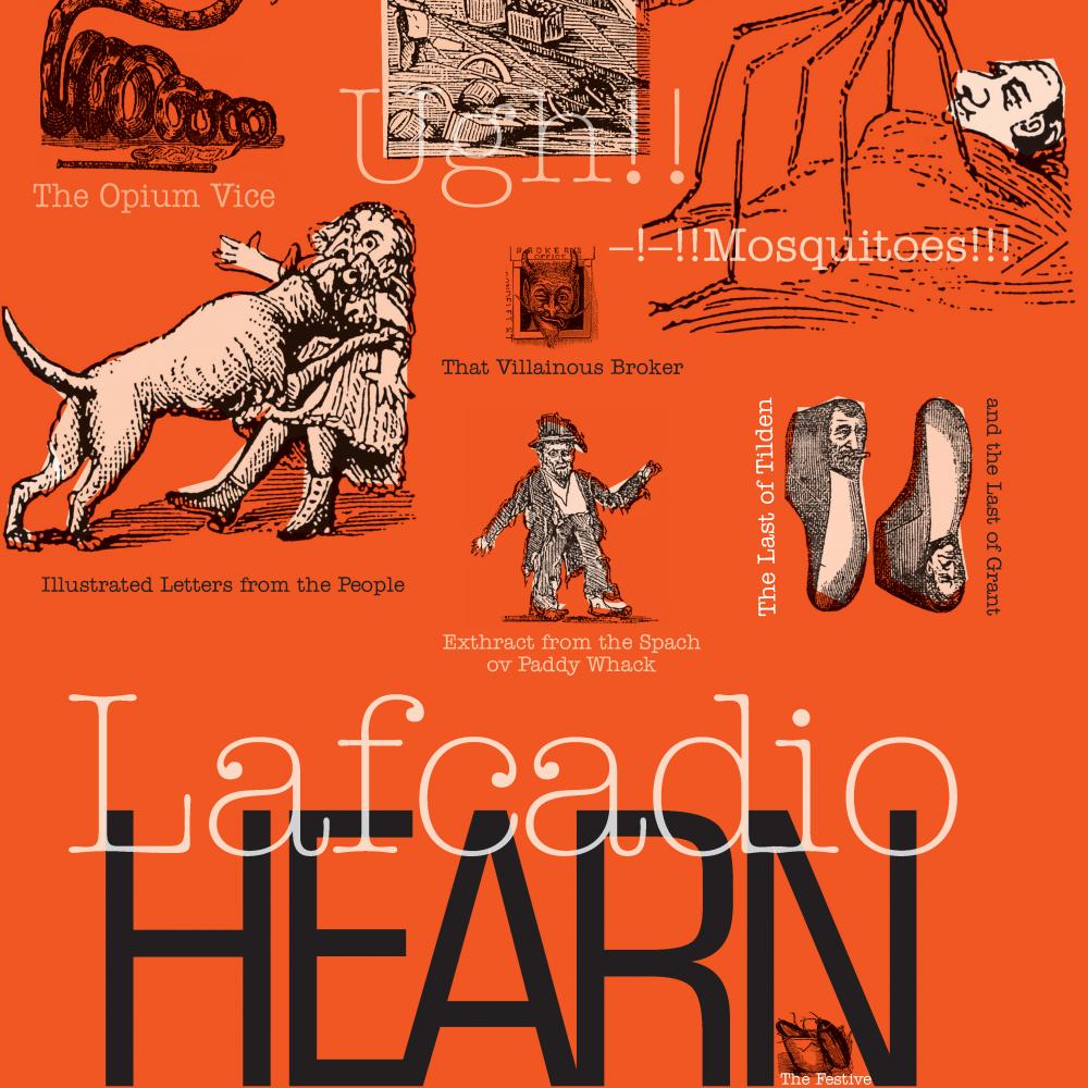 Orange poster advertising the work of Lafcadio Hearn.