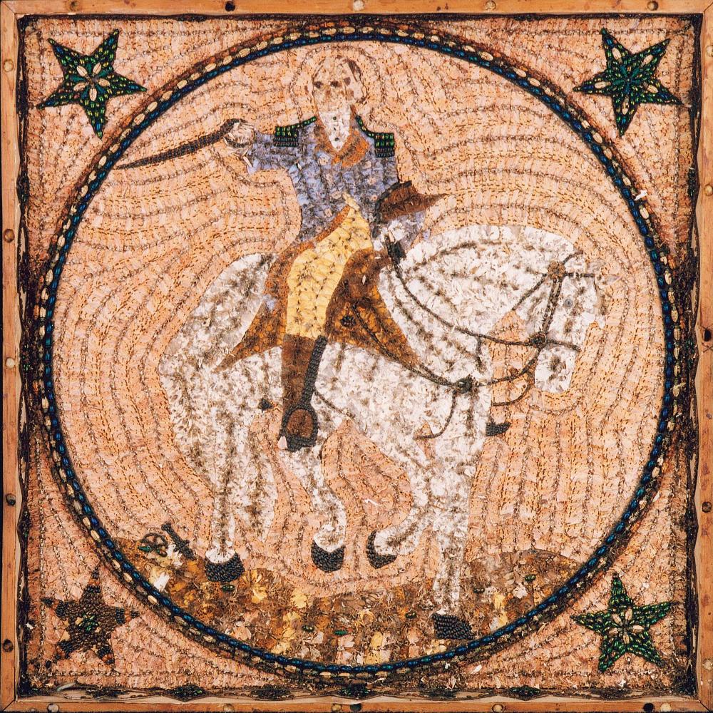 Colorful mosaic of George Washington riding atop a horse, made with bugs.