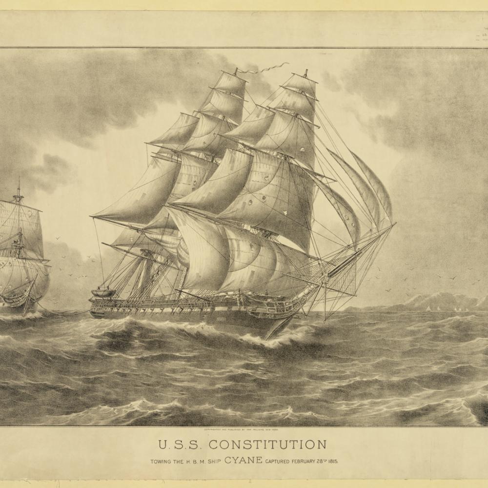Illustration of the U.S.S Constitution, a sail-powered warship, towing a captured British vessel.