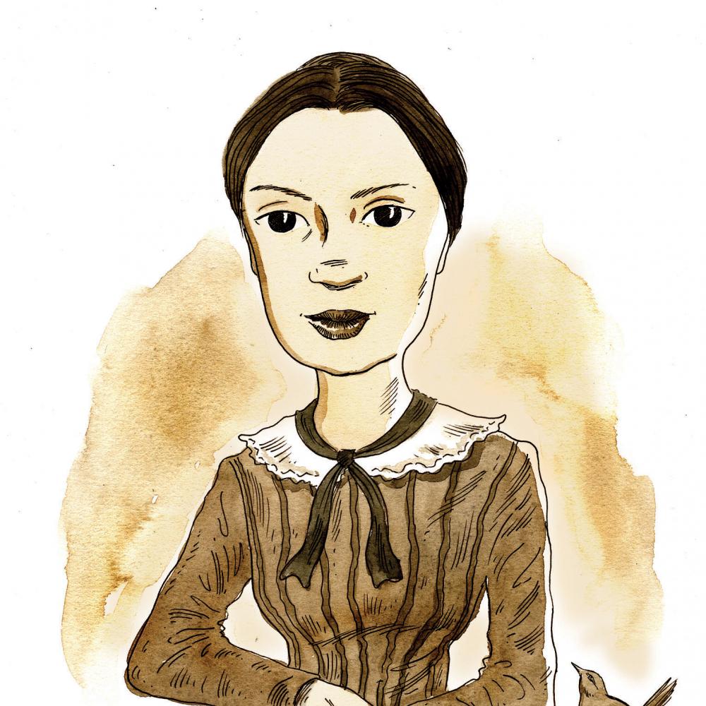 Color illustration of Emily Dickinson sitting with her hands crossed over a book.