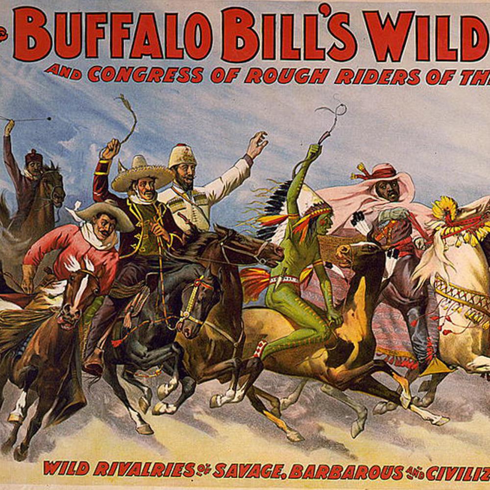 poster for Buffalo Bill's show, depicting cowboys and indians racing on horses together