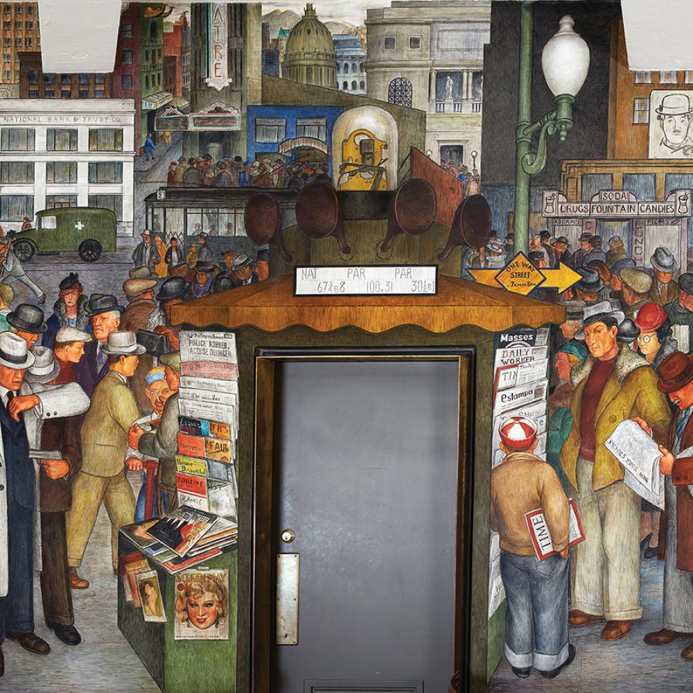 Mural of a busy San Francisco street: cars driving by, people at an open market, buying newspapers, with the city in the background