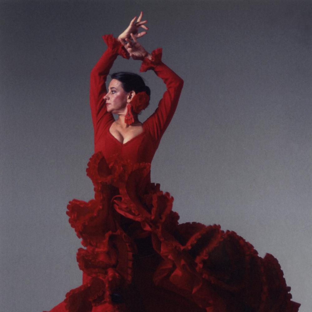 Photograph of female flamenco dancer in red dress