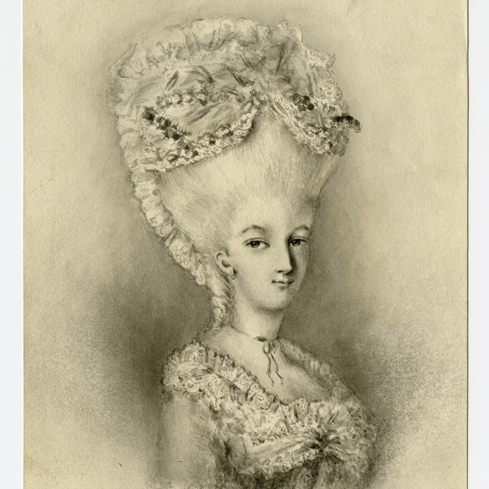 Head and shoulders sketch of Arnold, wearing a towering white, French-style wig and lacy dress