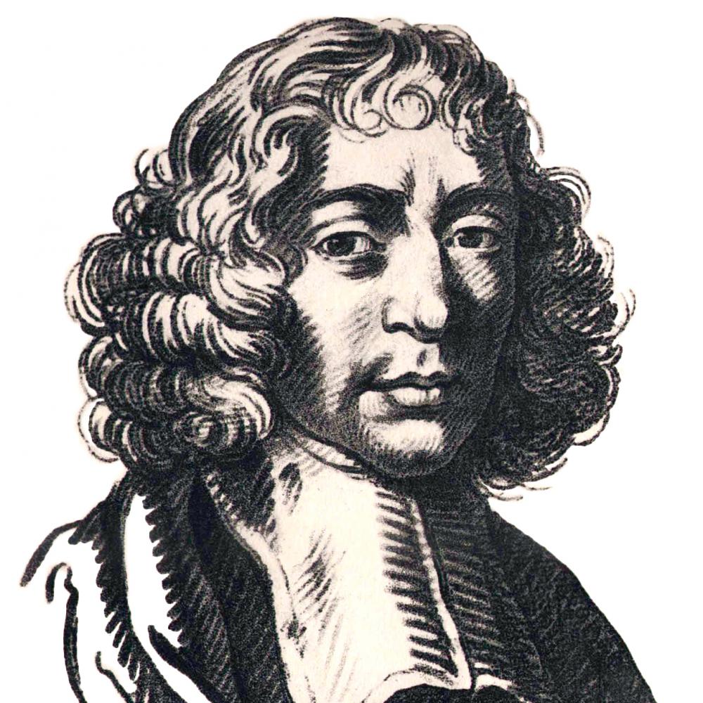 Illustration of Spinoza in a white cravat, with shoulder length curly hair