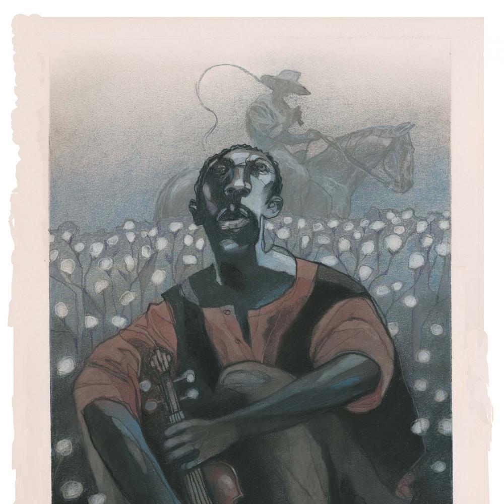 An African American man looks up to the sky and holds a violin, while sitting in a cotton field. a white man on a horse rides in the background