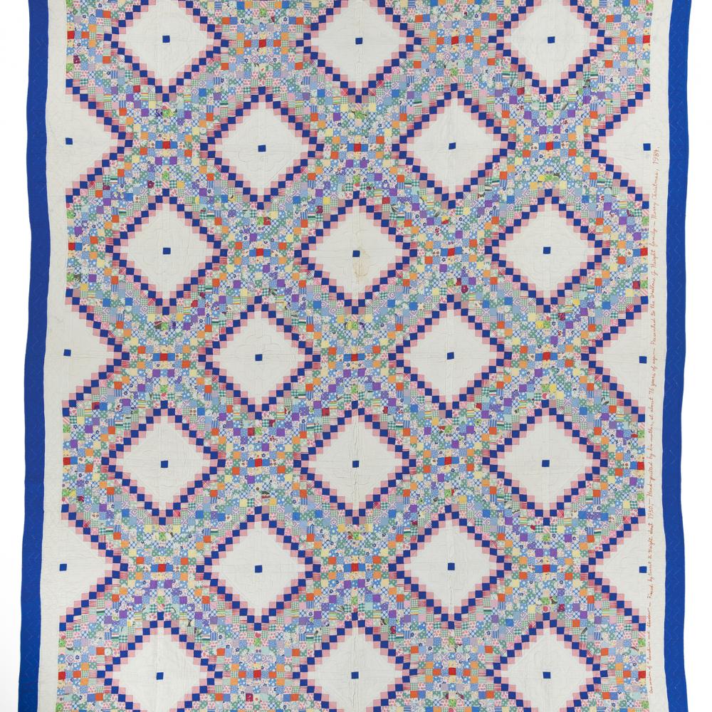A multicolored quilt, edged in dark blue, with a pattern of white squares outlined with blue and pink dots