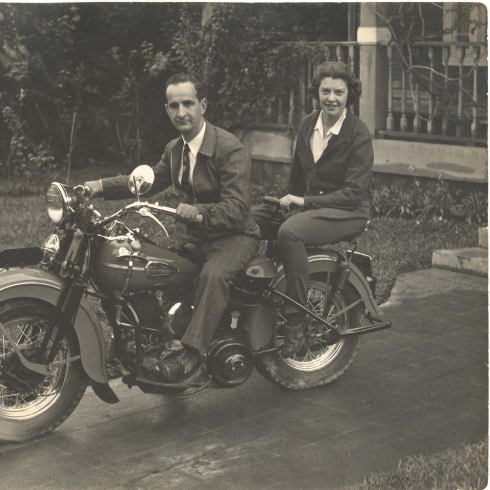 Boggs and Don Pepe, sitting on a motorcycle