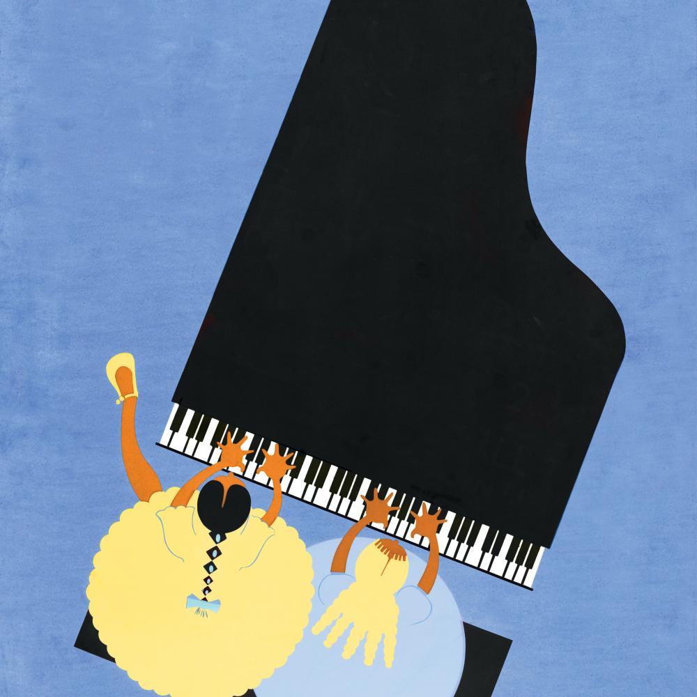 Color illustration in the jazz art style showing two girls playing the piano from an overhead view.