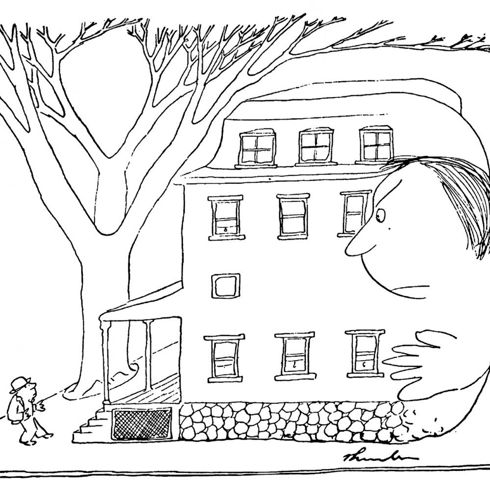 A comical illustration, in black and white, depicting a small man standing outside a house that has anthropomorphized and is trying to walk away from him.