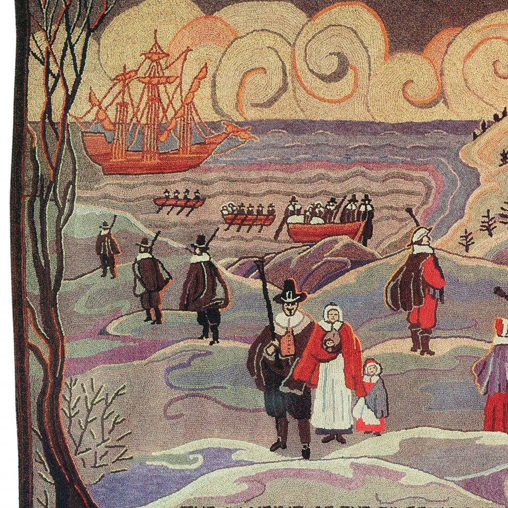 A color tapestry depicting the landing of the Pilgrims in 1620.