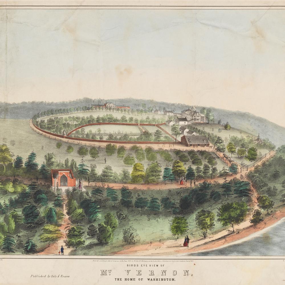 Color illustration of Mount Vernon as seen from a bird's-eye view.