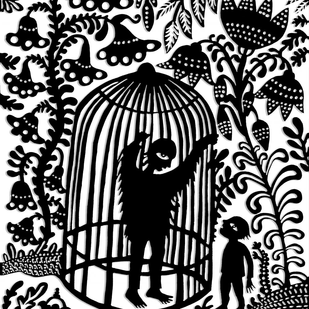 A black and white illustration of a man in a cage gesturing to someone outside.