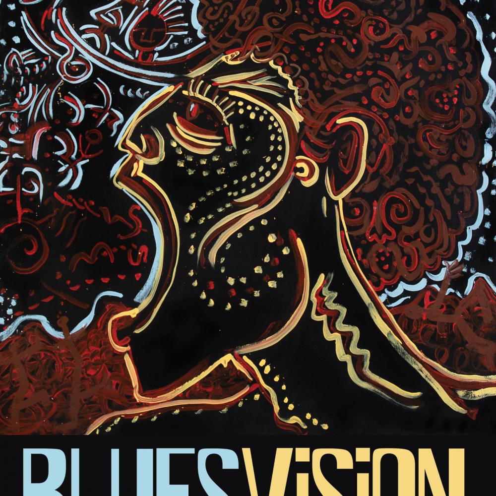Cover of Blues Vision, depicting a side profile of a man with his mouth open, drawn in red, yellow and blue lines on a black background