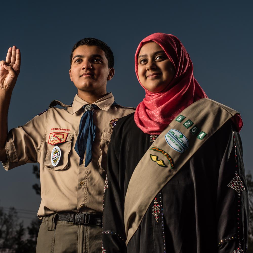 Photograph of girl and boy in scout uniform