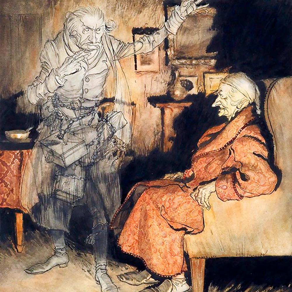 Scrooge sits in an armchair, wearing a nightcap and red robe, glaring at the ghostly, blue-gray form of Marley, who stands over him with hands in the air