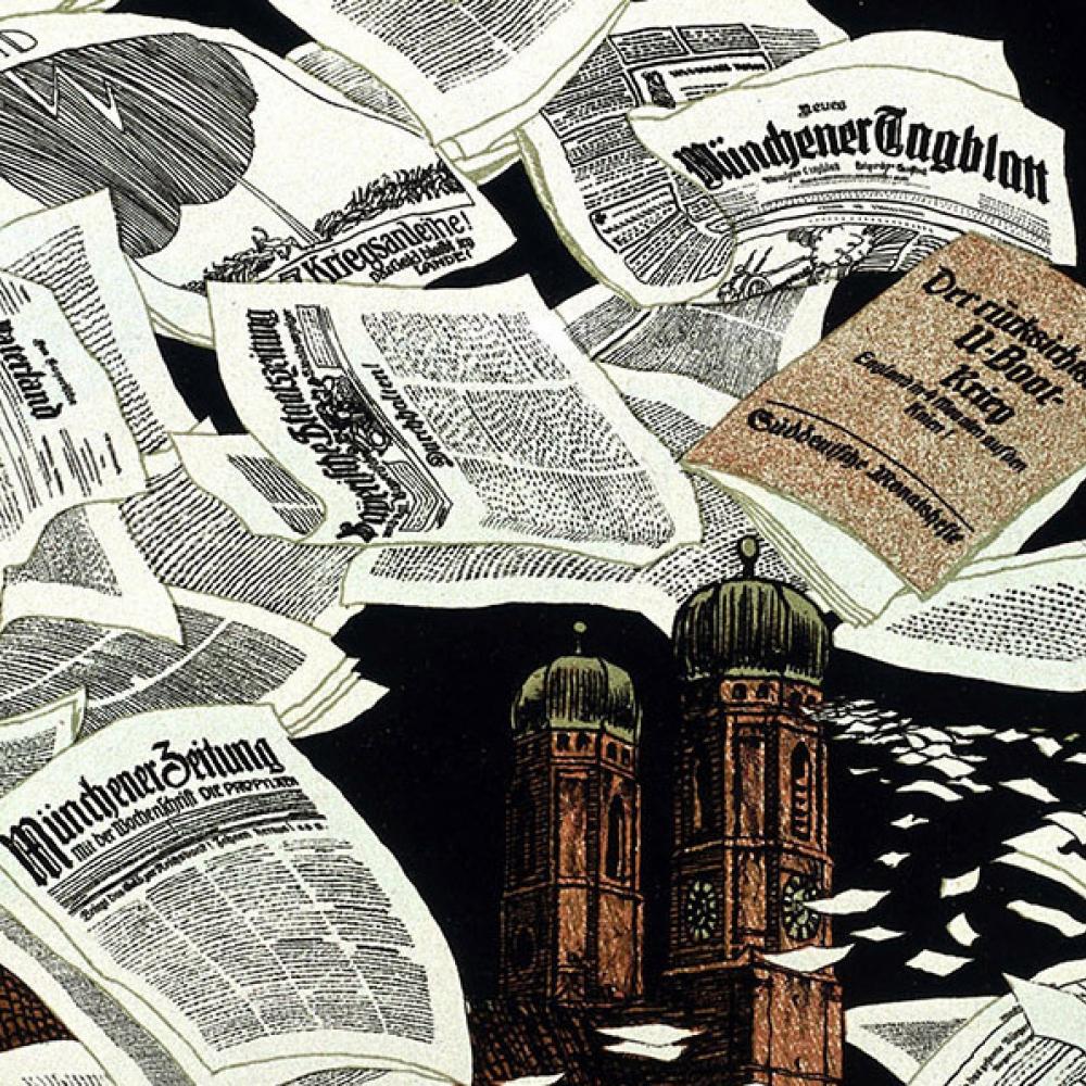 drawing of sheets of newspaper strewn about, all in german