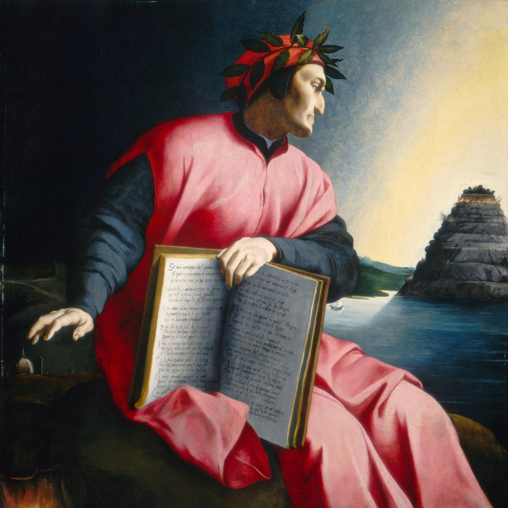 painting of a man in a pink robe, holding book