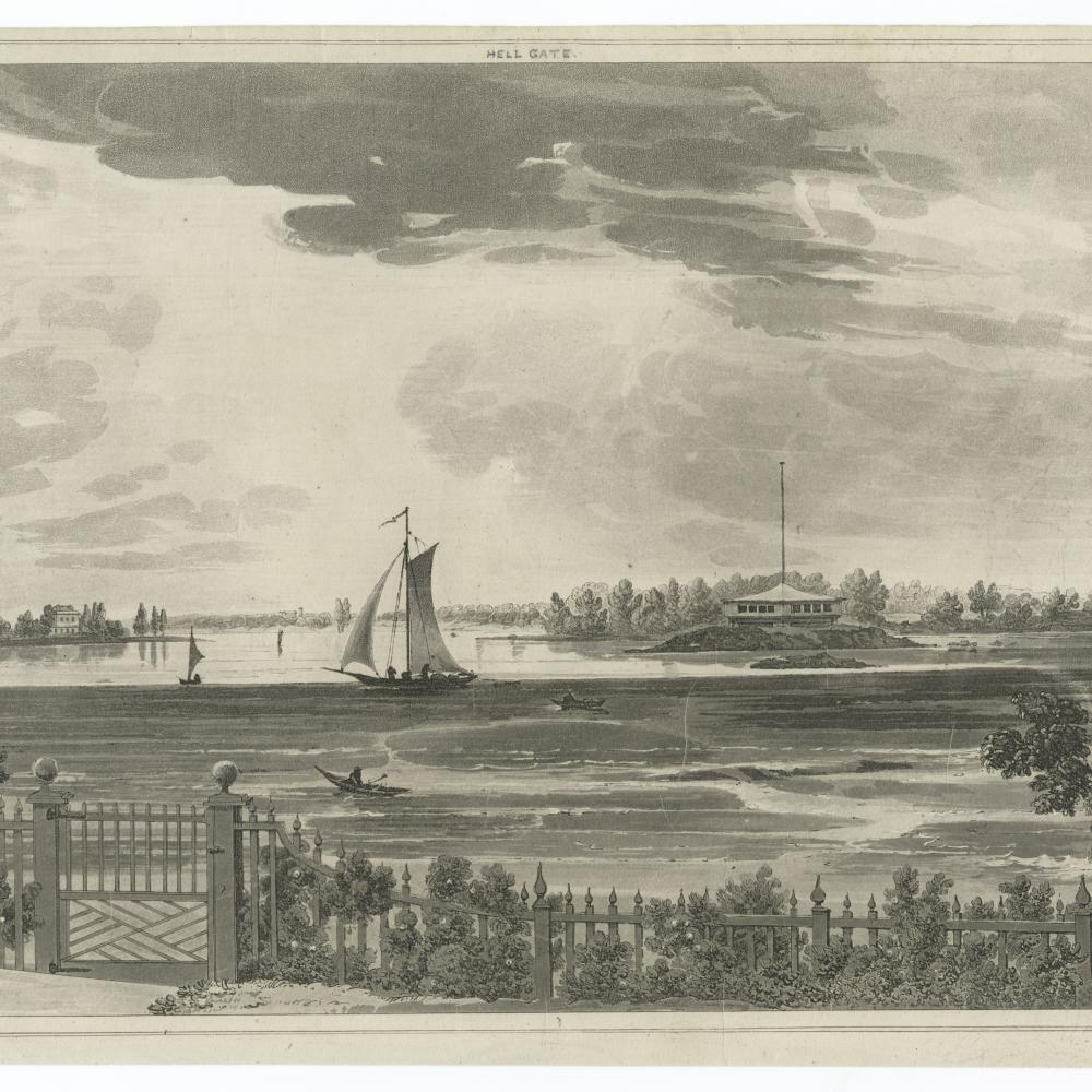 Black and white etching of a view of a lake, sailboat