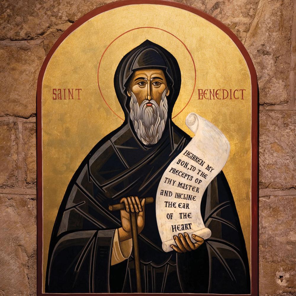 An icon of Saint Benedict holding a copy of the Rule of Benedict